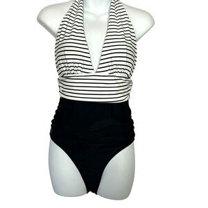 Womens Halter Top One Piece Swimsuit M Black White Stripe Deep V Neck Pinup